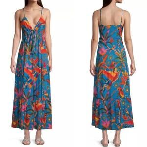 Farm Rio  Cover Up Macaw Party Blue Beaded Ties Dress Multicolor Size L